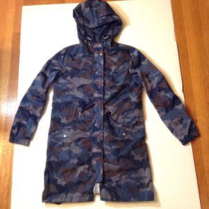 Camo Jacket Windbreaker Womens L Blue Brown Waxy Lightweight Hooded Gorpcore